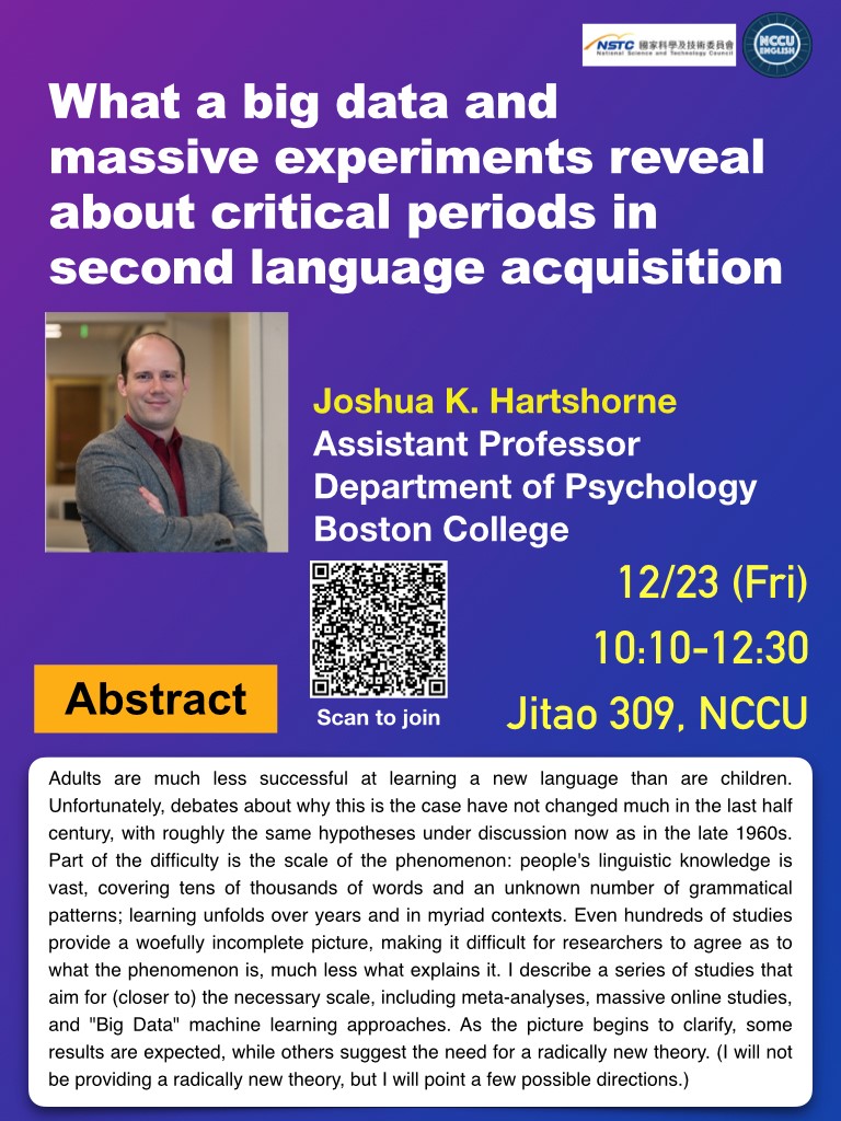 Talk: What big data and massive experiments reveal about critical periods in second language acquisition(2022/12/23)